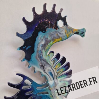 Hippocampe en aluminium composite pour extérieur taille S 18x28cm tons bleus et pointe de jaune – Image 2