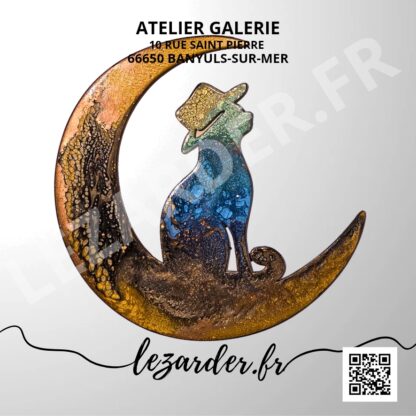 Chat sur la lune en bois mdf pour intérieur taille S 19x19cm